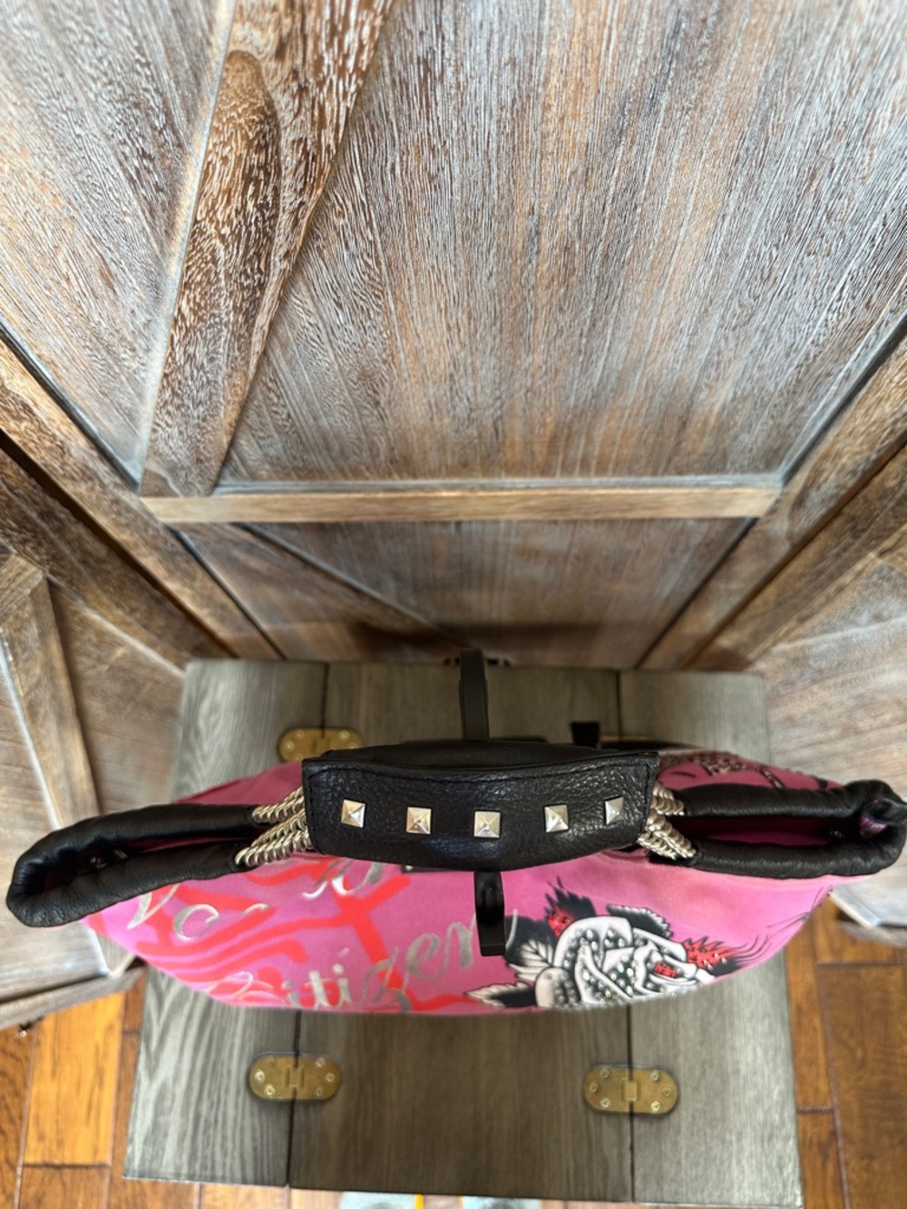 Ed Hardy Vintage Y2K World Citizen Pink Canvas Rhinestones Embroidered Purse - Picture 4 of 16